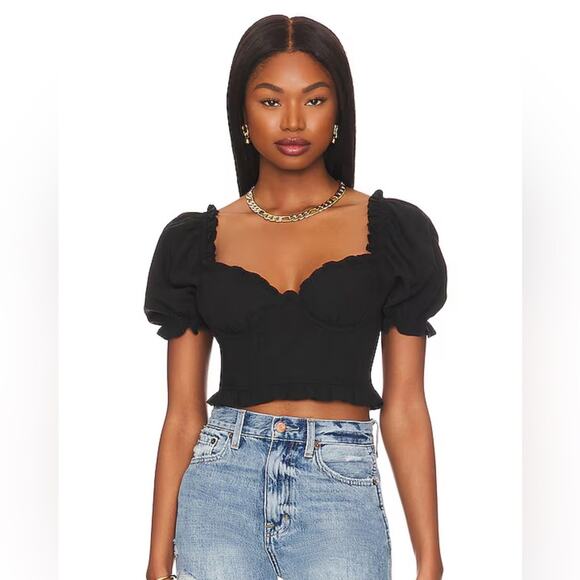 ASTR the Label XS Feronia Top in Black Smocked Back Boned Coquette Puff Shoulder - Picture 1 of 13